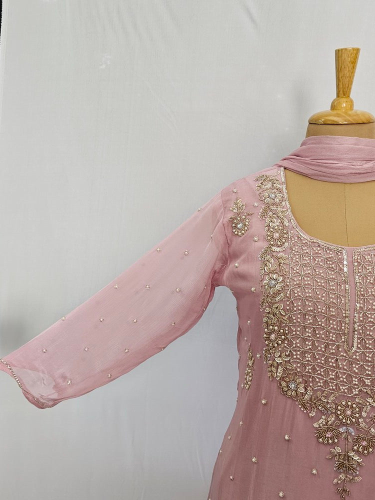 Chiffon Kurta Set with Cutdana & Pearl Floral Handwork