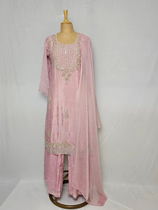 Chiffon Kurta Set with Cutdana & Pearl Floral Handwork