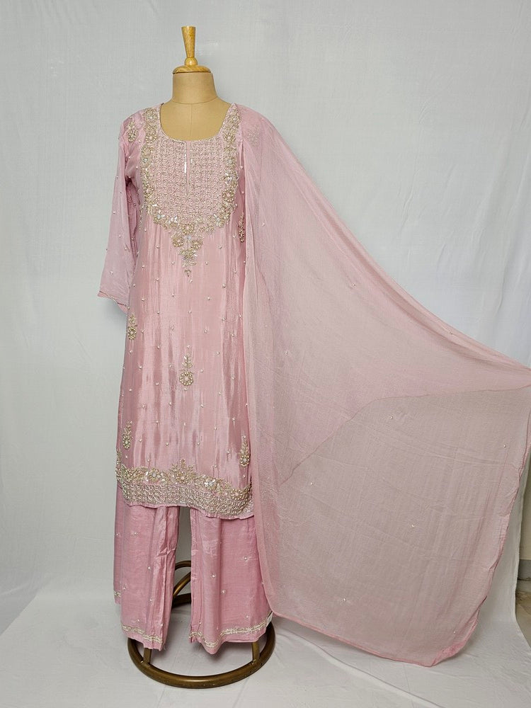 Chiffon Kurta Set with Cutdana & Pearl Floral Handwork