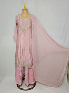 Chiffon Kurta Set with Cutdana & Pearl Floral Handwork