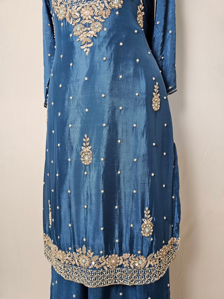Chiffon Kurta Set with Cutdana & Pearl Floral Handwork