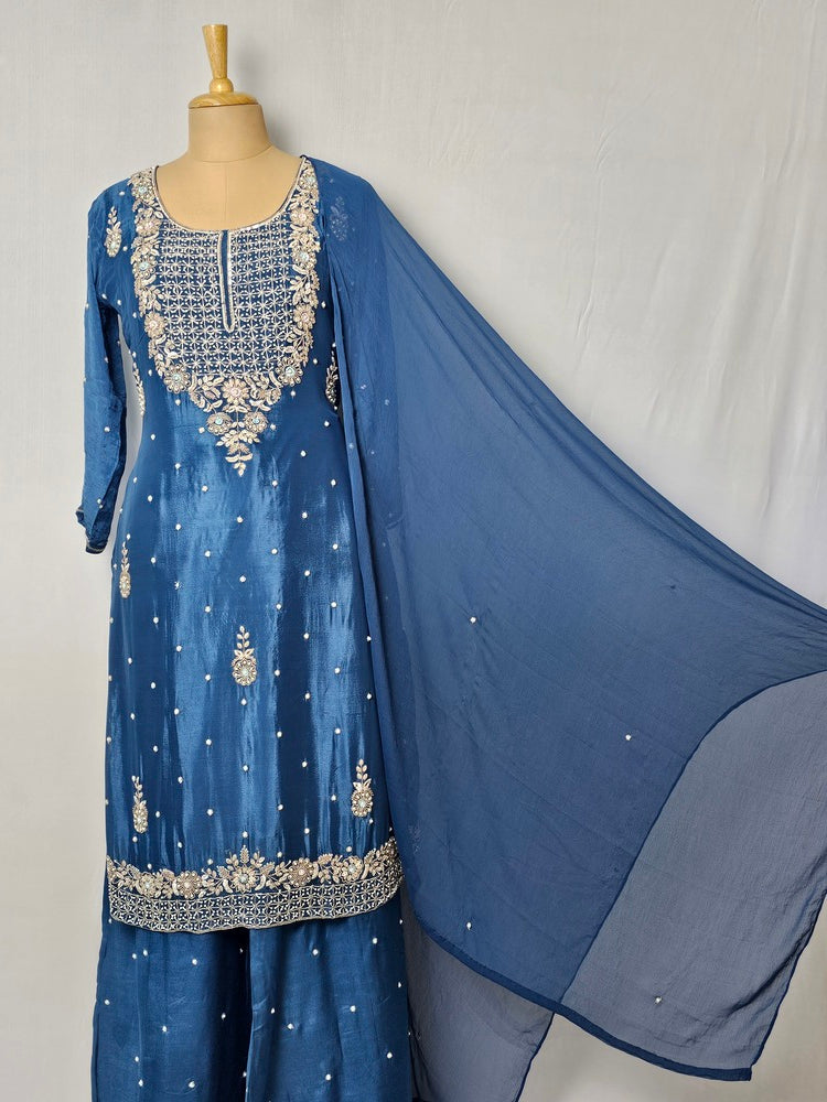 Chiffon Kurta Set with Cutdana & Pearl Floral Handwork