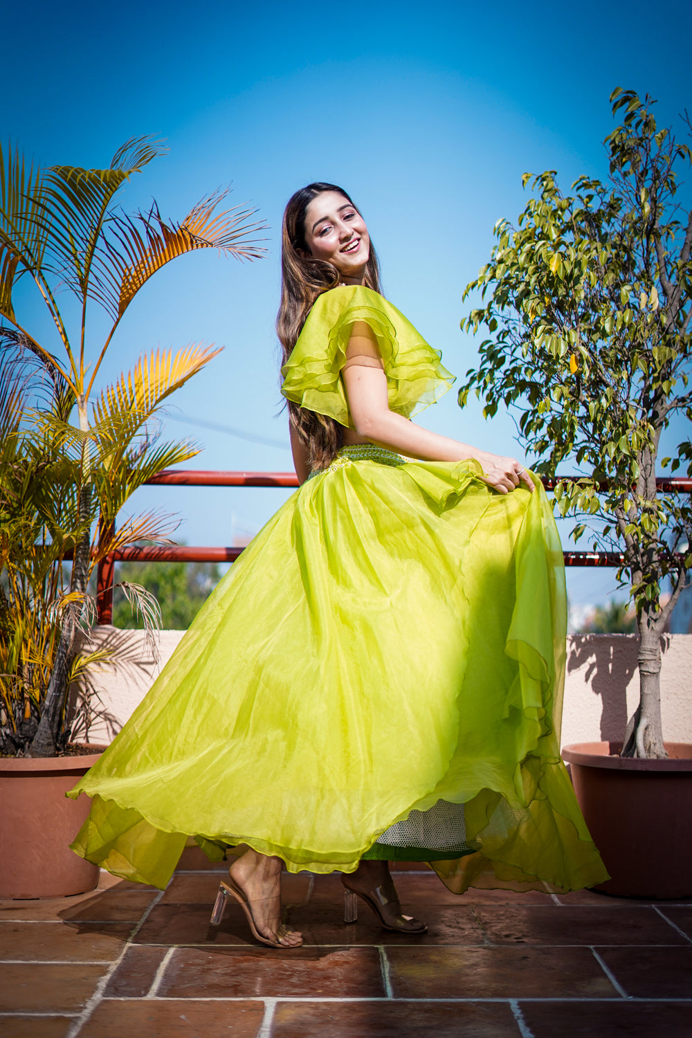 Organza Umbrella Style Bridal Lehenga with Hand Embroidery