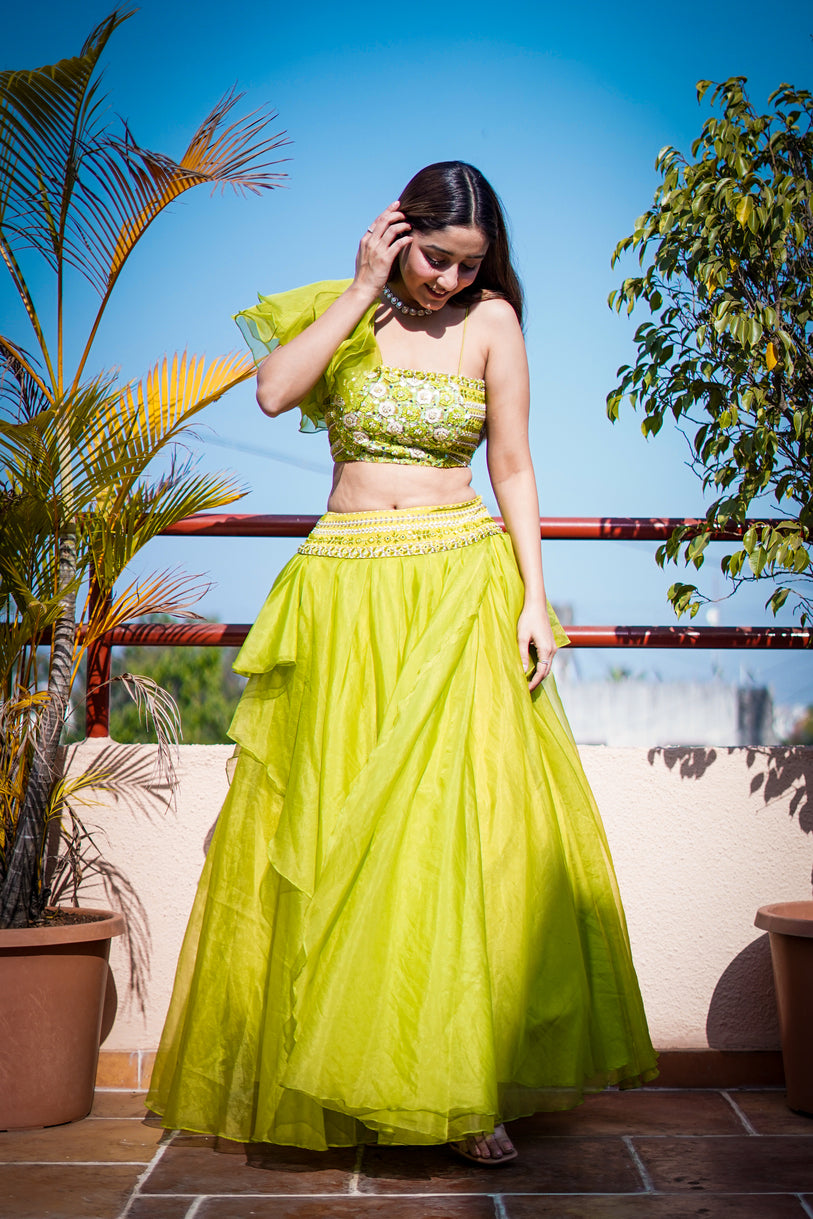 Organza Umbrella Style Bridal Lehenga with Hand Embroidery