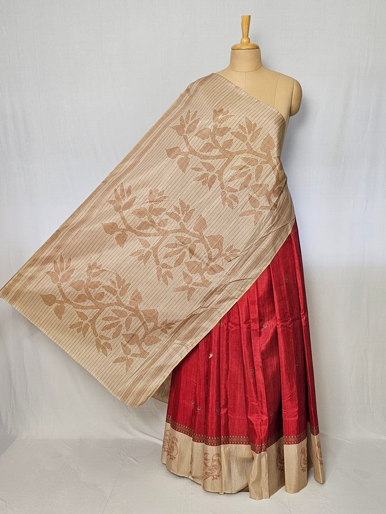 Block Printed Kalamkari Cotton Tussar Saree with Parrot Motif Border & Floral Butti