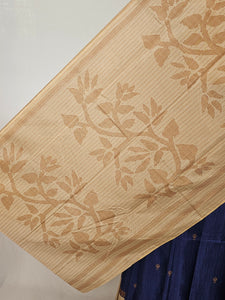 Block Printed Kalamkari Cotton Tussar Saree with Parrot Motif Border & Floral Butti