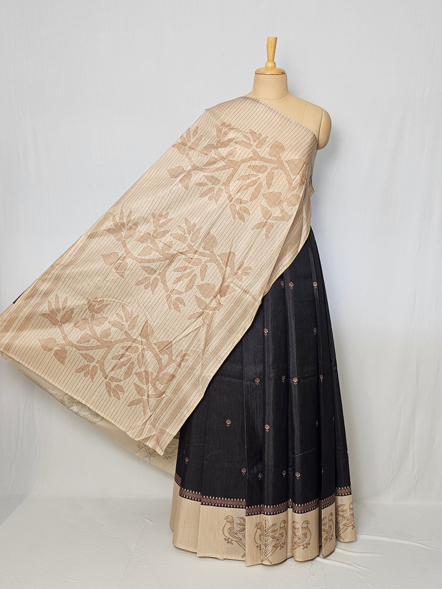 Block Printed Kalamkari Cotton Tussar Saree with Parrot Motif Border & Floral Butti