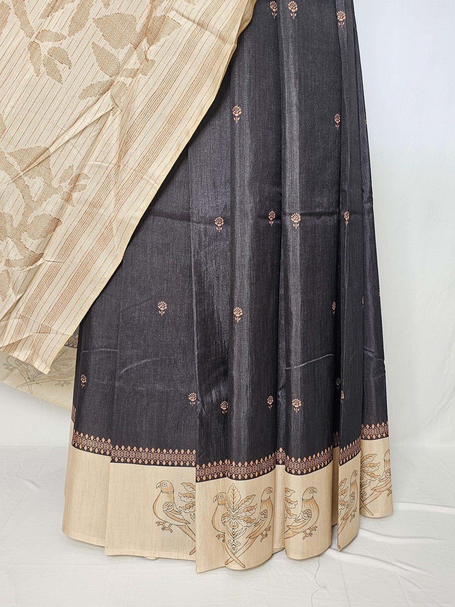 Block Printed Kalamkari Cotton Tussar Saree with Parrot Motif Border & Floral Butti