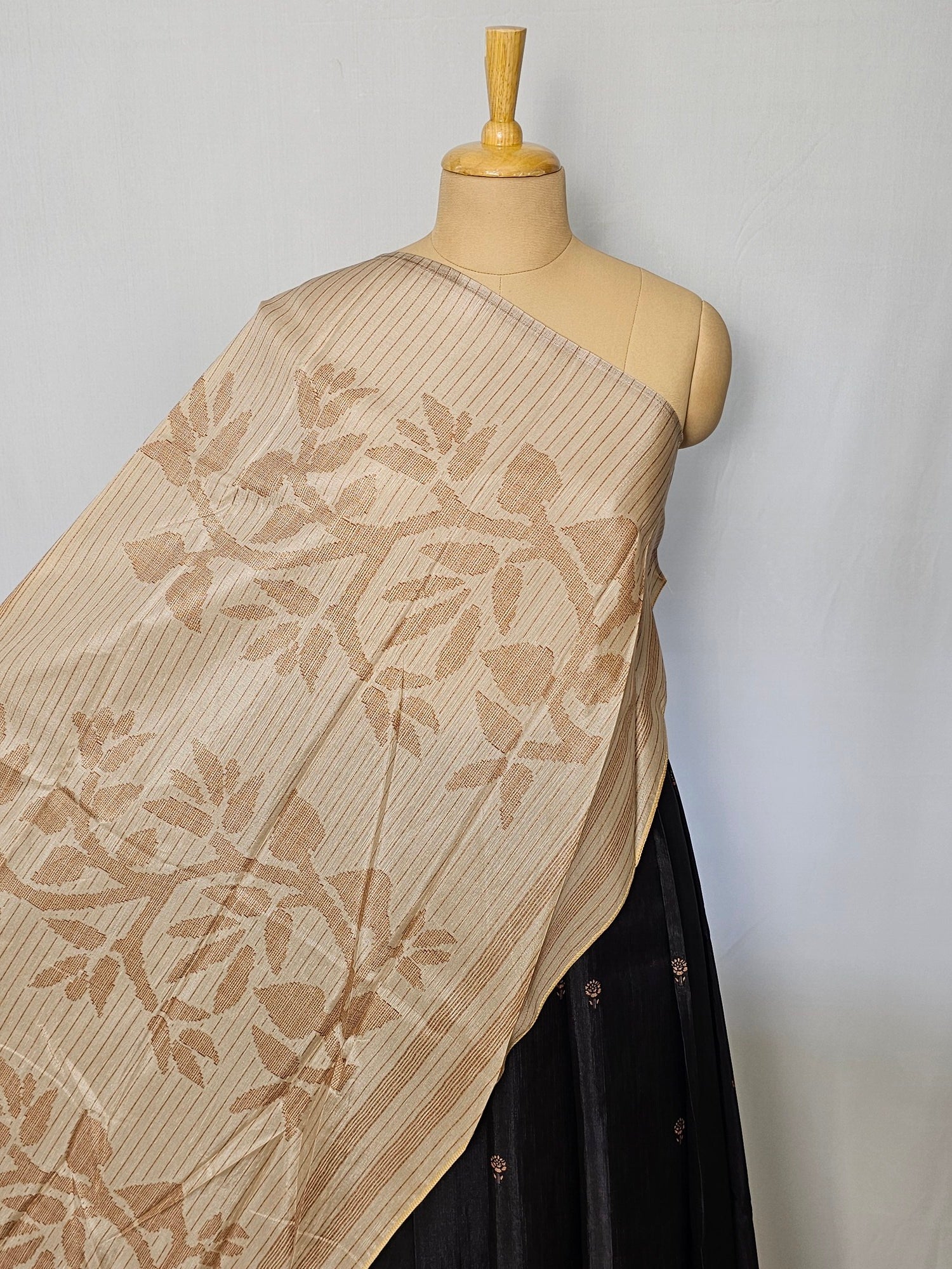 Block Printed Kalamkari Cotton Tussar Saree with Parrot Motif Border & Floral Butti