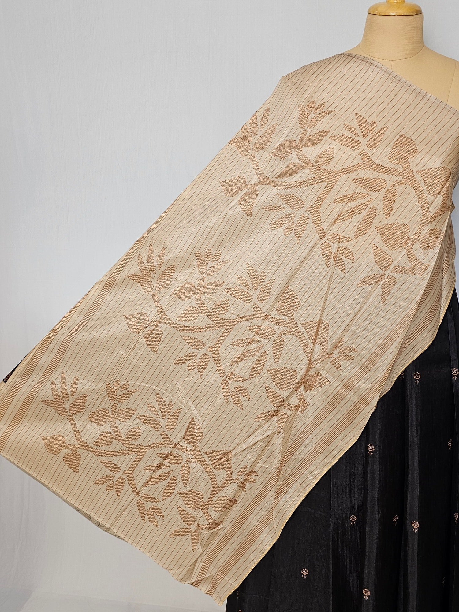 Block Printed Kalamkari Cotton Tussar Saree with Parrot Motif Border & Floral Butti