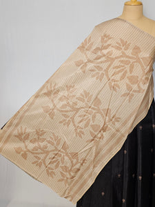 Block Printed Kalamkari Cotton Tussar Saree with Parrot Motif Border & Floral Butti