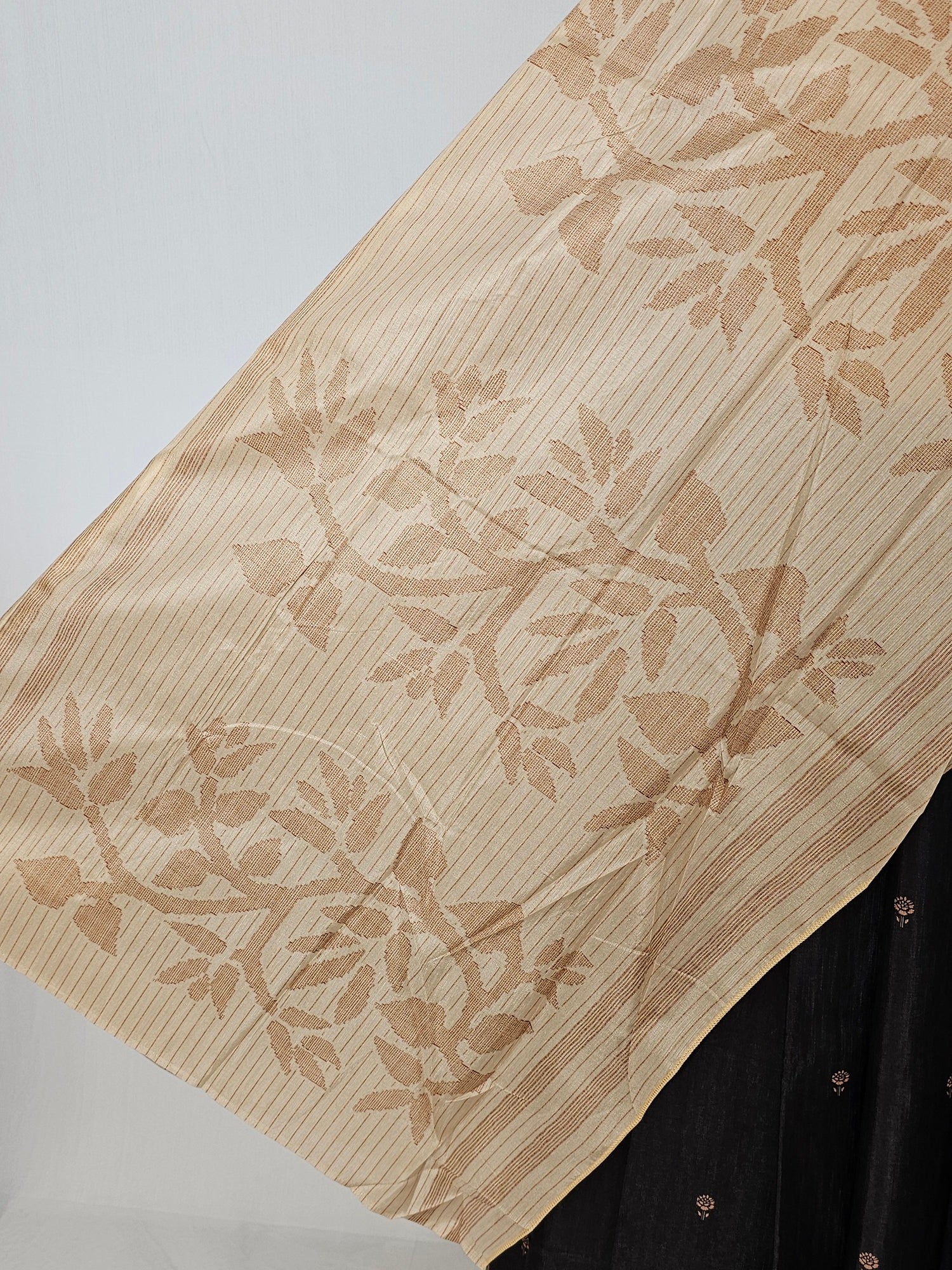 Block Printed Kalamkari Cotton Tussar Saree with Parrot Motif Border & Floral Butti