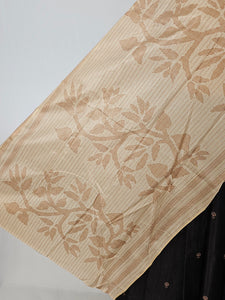 Block Printed Kalamkari Cotton Tussar Saree with Parrot Motif Border & Floral Butti