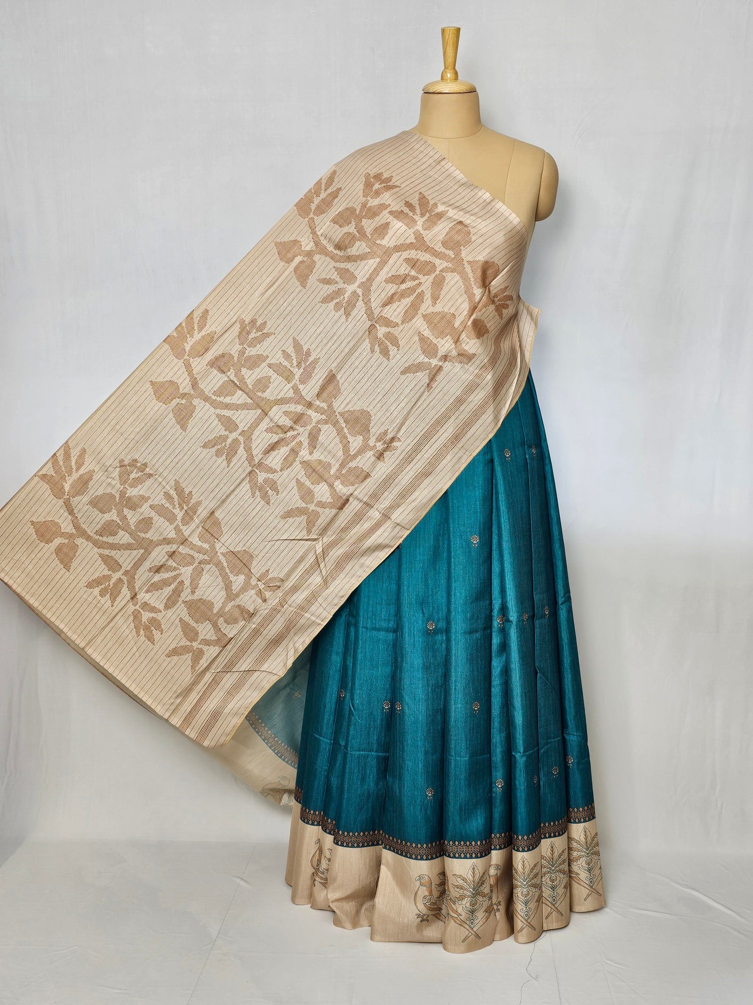 Block Printed Kalamkari Cotton Tussar Saree with Parrot Motif Border & Floral Butti