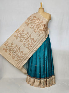 Block Printed Kalamkari Cotton Tussar Saree with Parrot Motif Border & Floral Butti