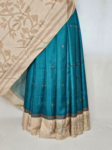 Block Printed Kalamkari Cotton Tussar Saree with Parrot Motif Border & Floral Butti