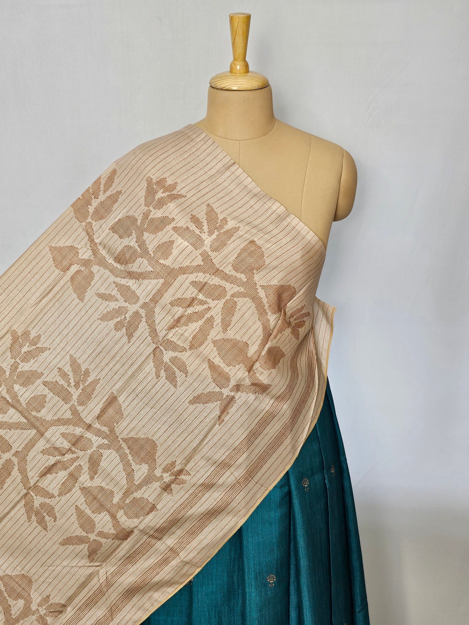 Block Printed Kalamkari Cotton Tussar Saree with Parrot Motif Border & Floral Butti
