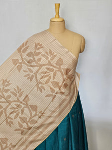 Block Printed Kalamkari Cotton Tussar Saree with Parrot Motif Border & Floral Butti