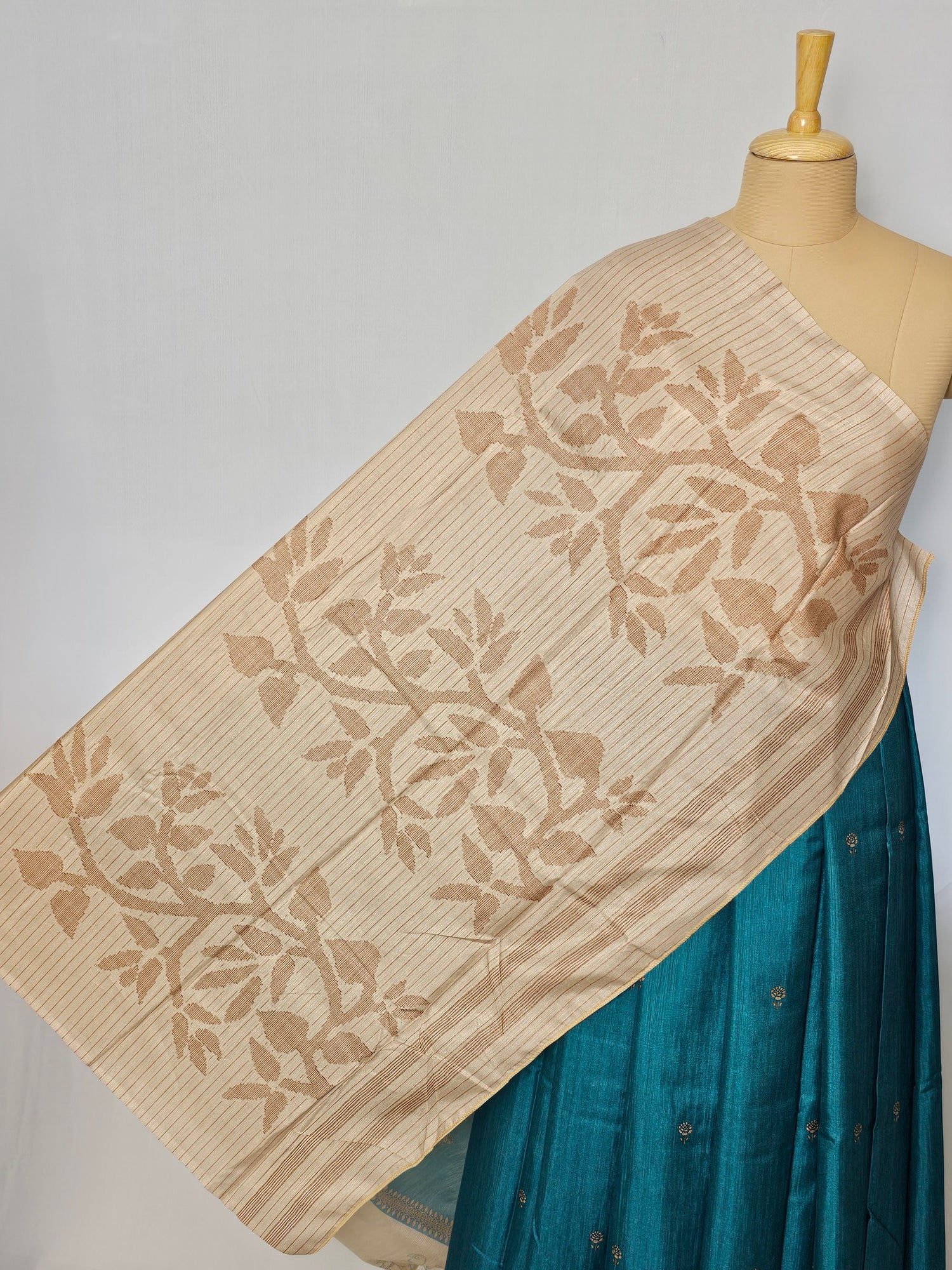 Block Printed Kalamkari Cotton Tussar Saree with Parrot Motif Border & Floral Butti