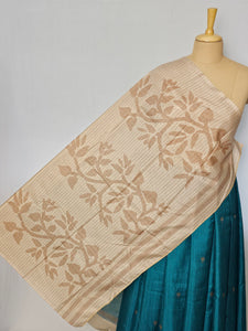 Block Printed Kalamkari Cotton Tussar Saree with Parrot Motif Border & Floral Butti