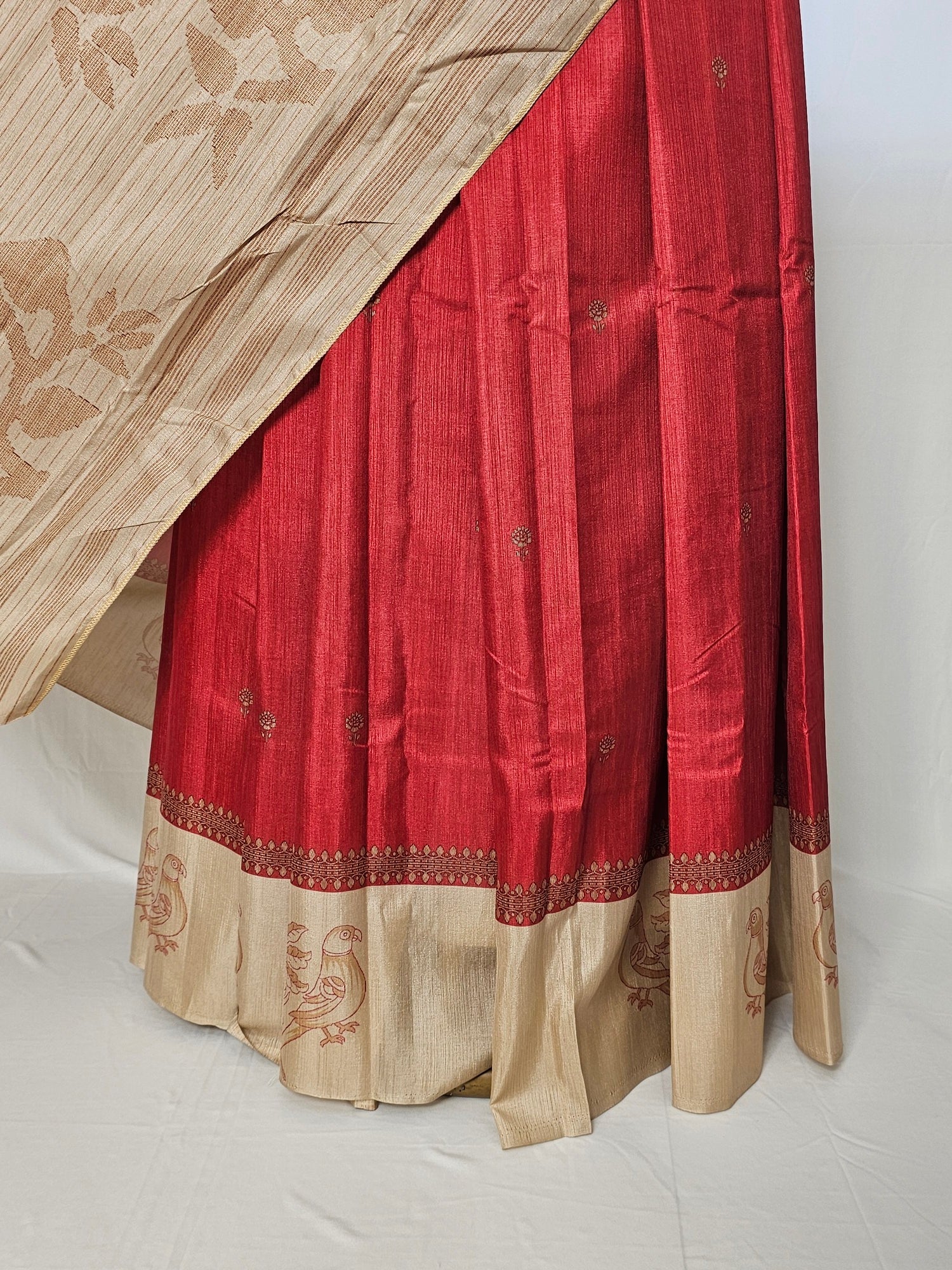 Block Printed Kalamkari Cotton Tussar Saree with Parrot Motif Border & Floral Butti