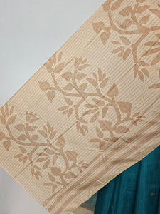 Block Printed Kalamkari Cotton Tussar Saree with Parrot Motif Border & Floral Butti