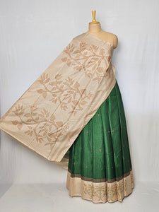 Block Printed Kalamkari Cotton Tussar Saree with Parrot Motif Border & Floral Butti