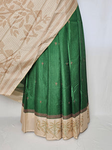 Block Printed Kalamkari Cotton Tussar Saree with Parrot Motif Border & Floral Butti