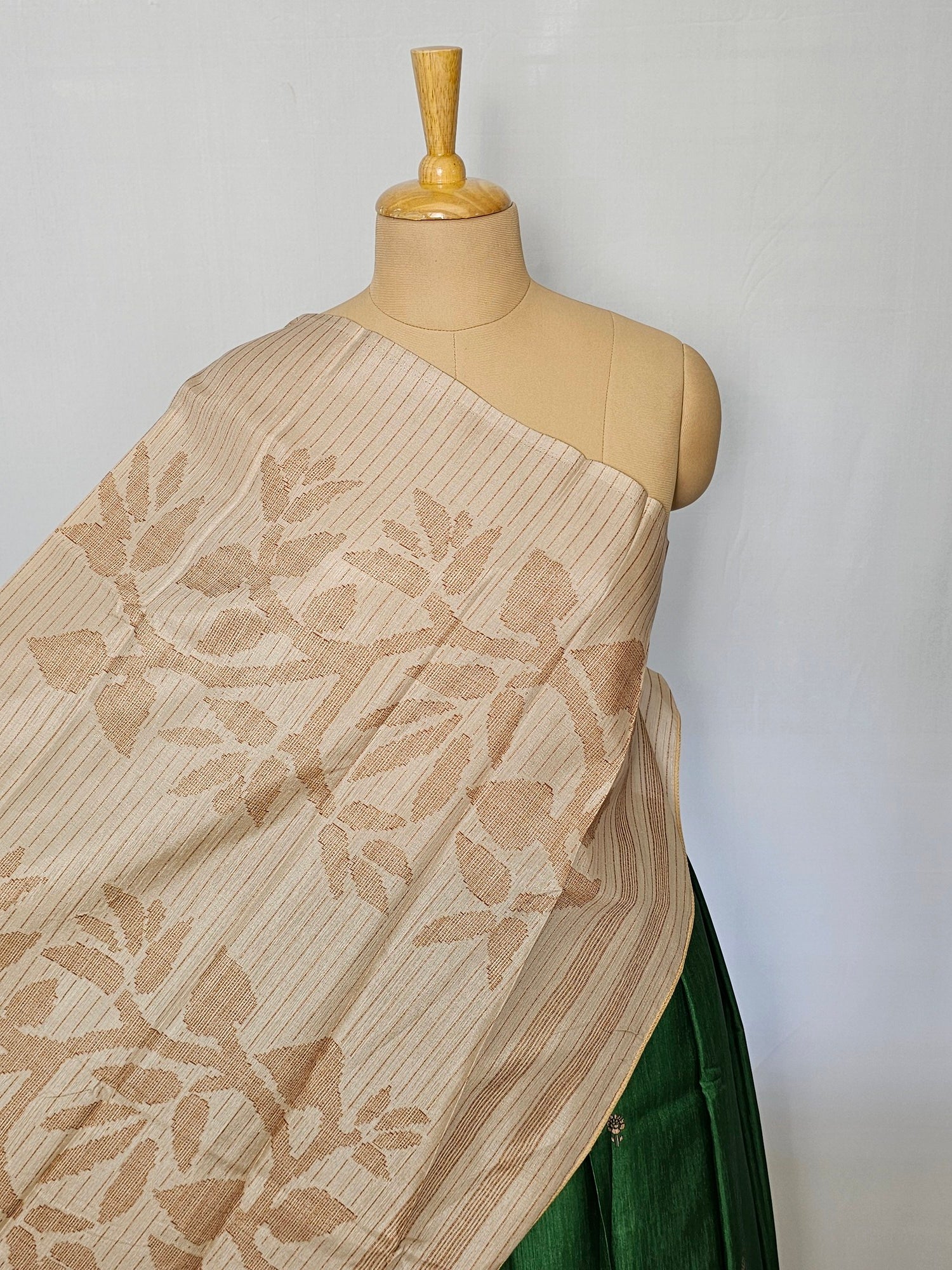Block Printed Kalamkari Cotton Tussar Saree with Parrot Motif Border & Floral Butti