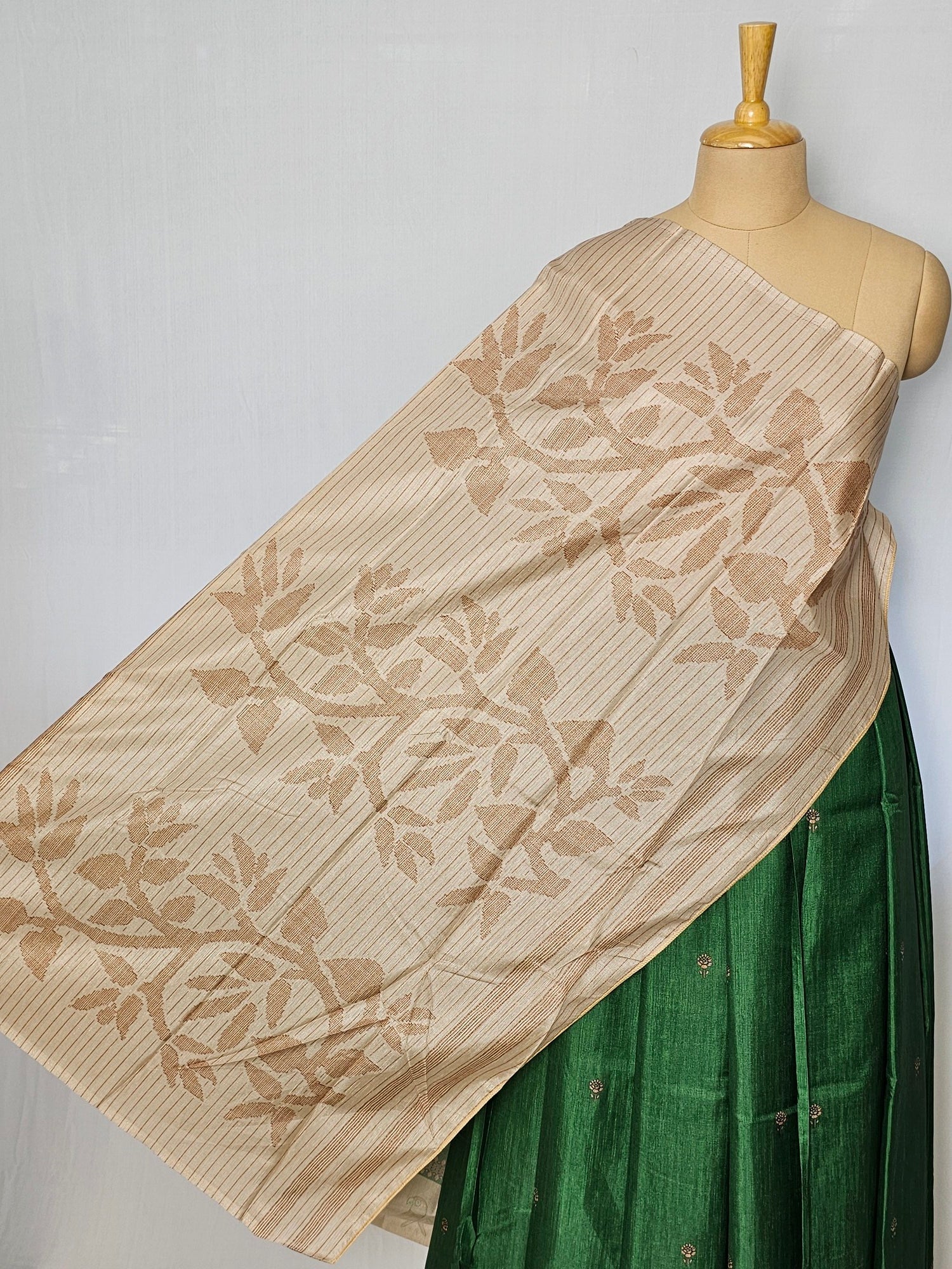 Block Printed Kalamkari Cotton Tussar Saree with Parrot Motif Border & Floral Butti