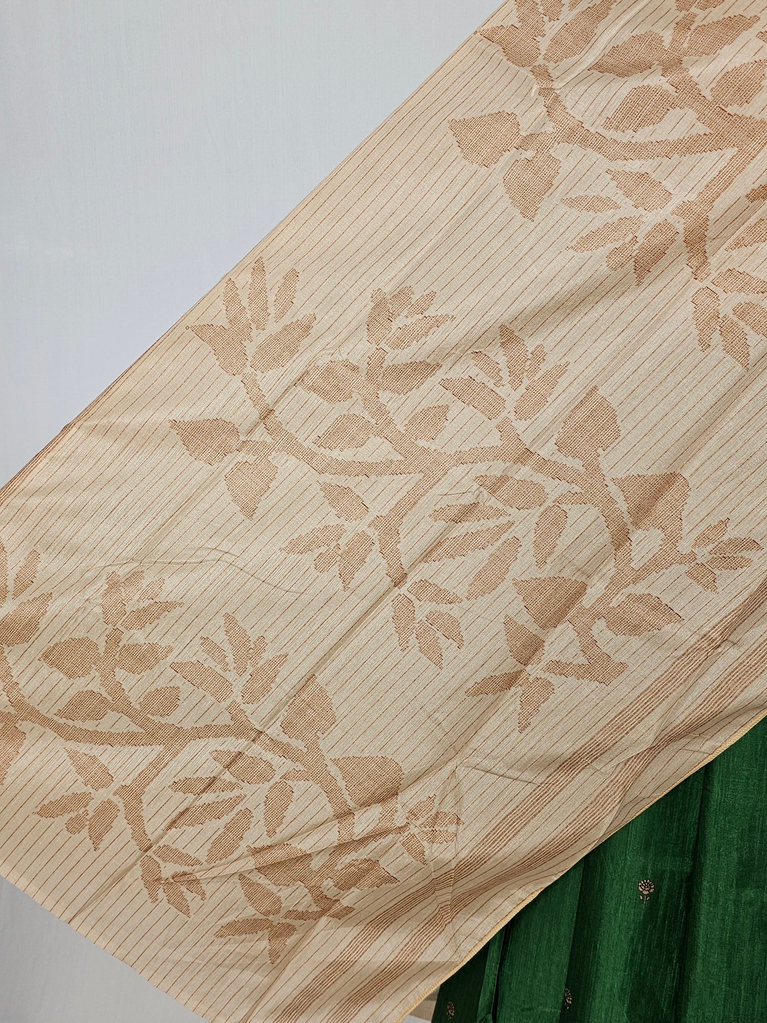 Block Printed Kalamkari Cotton Tussar Saree with Parrot Motif Border & Floral Butti