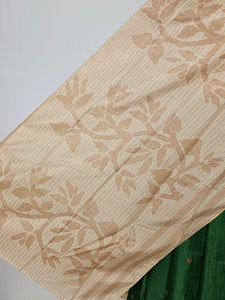 Block Printed Kalamkari Cotton Tussar Saree with Parrot Motif Border & Floral Butti