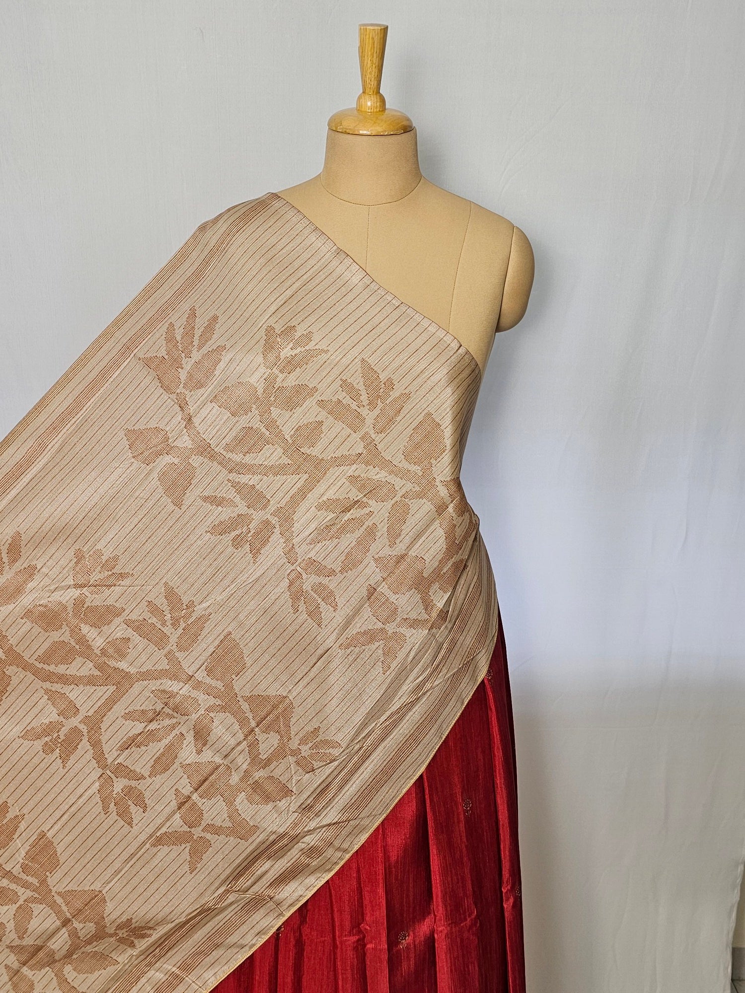 Block Printed Kalamkari Cotton Tussar Saree with Parrot Motif Border & Floral Butti