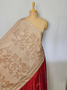 Block Printed Kalamkari Cotton Tussar Saree with Parrot Motif Border & Floral Butti