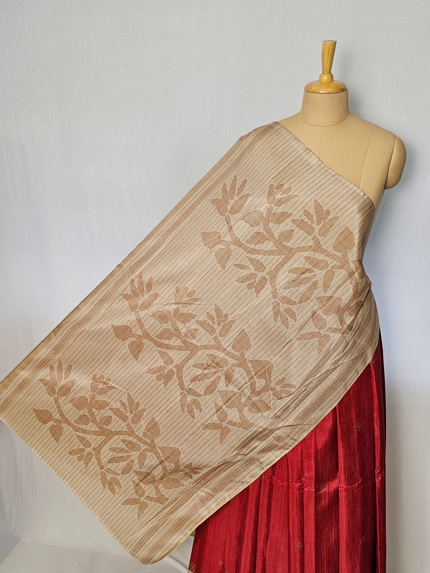 Block Printed Kalamkari Cotton Tussar Saree with Parrot Motif Border & Floral Butti