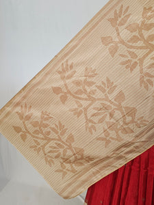 Block Printed Kalamkari Cotton Tussar Saree with Parrot Motif Border & Floral Butti