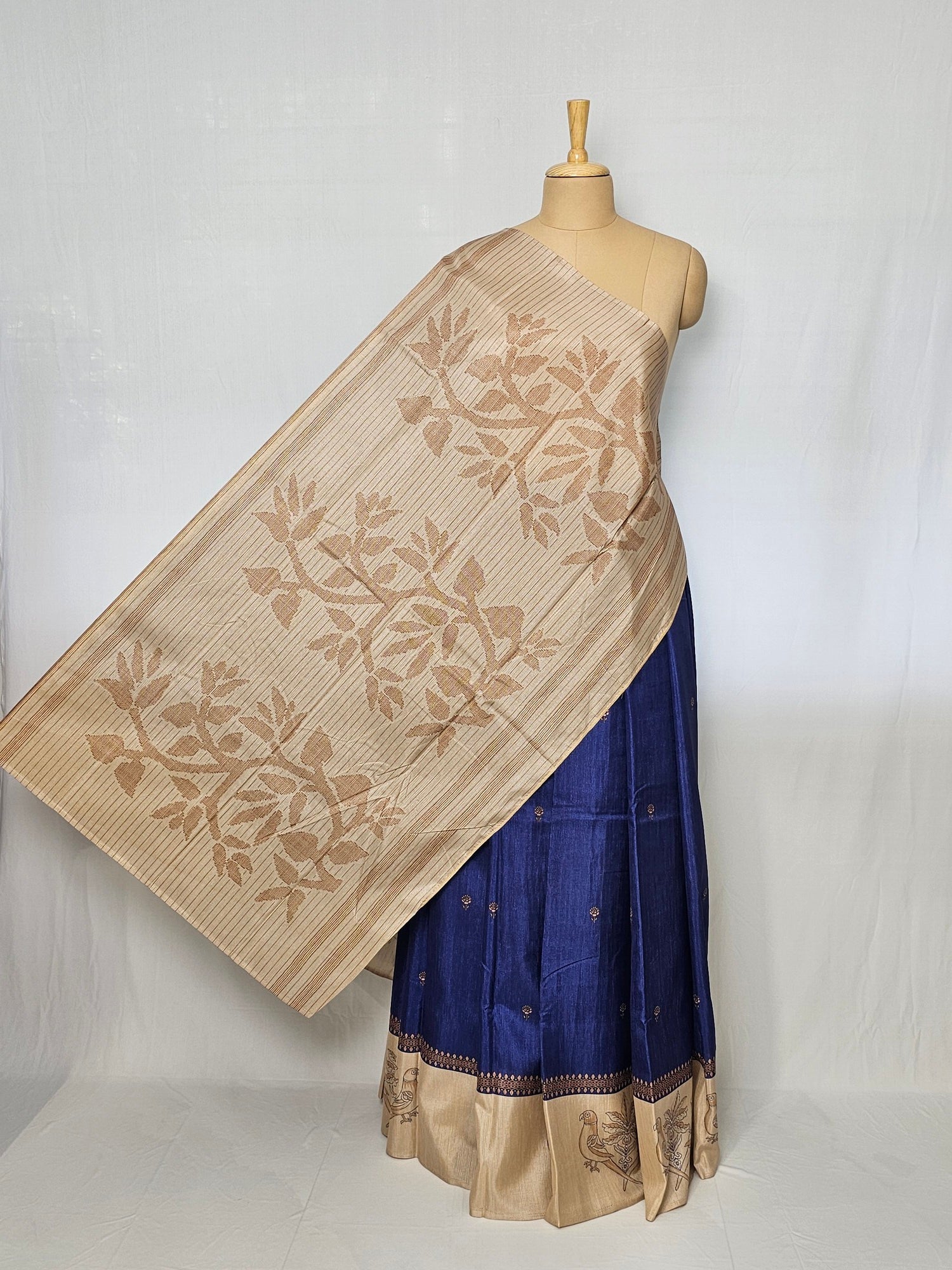 Block Printed Kalamkari Cotton Tussar Saree with Parrot Motif Border & Floral Butti