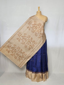 Block Printed Kalamkari Cotton Tussar Saree with Parrot Motif Border & Floral Butti