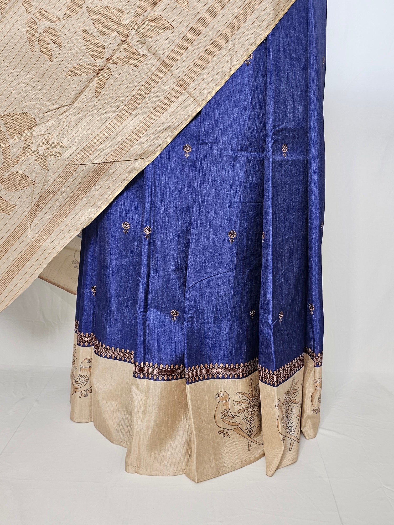 Block Printed Kalamkari Cotton Tussar Saree with Parrot Motif Border & Floral Butti