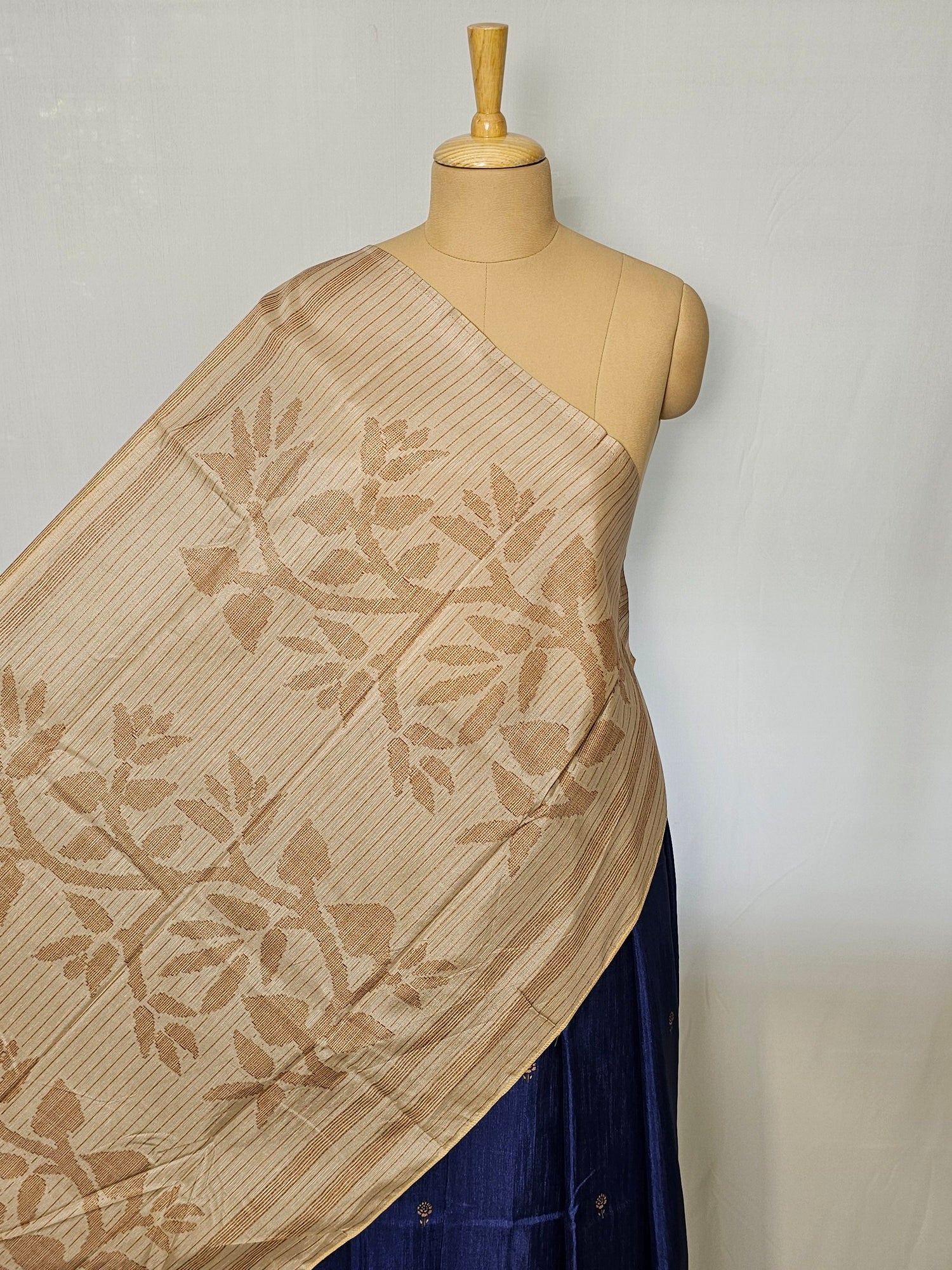 Block Printed Kalamkari Cotton Tussar Saree with Parrot Motif Border & Floral Butti