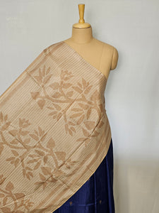 Block Printed Kalamkari Cotton Tussar Saree with Parrot Motif Border & Floral Butti