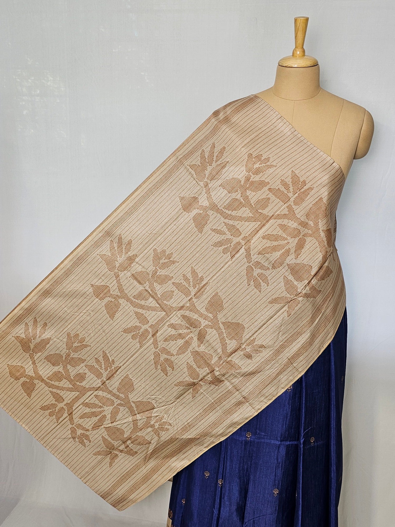 Block Printed Kalamkari Cotton Tussar Saree with Parrot Motif Border & Floral Butti