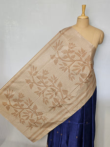 Block Printed Kalamkari Cotton Tussar Saree with Parrot Motif Border & Floral Butti
