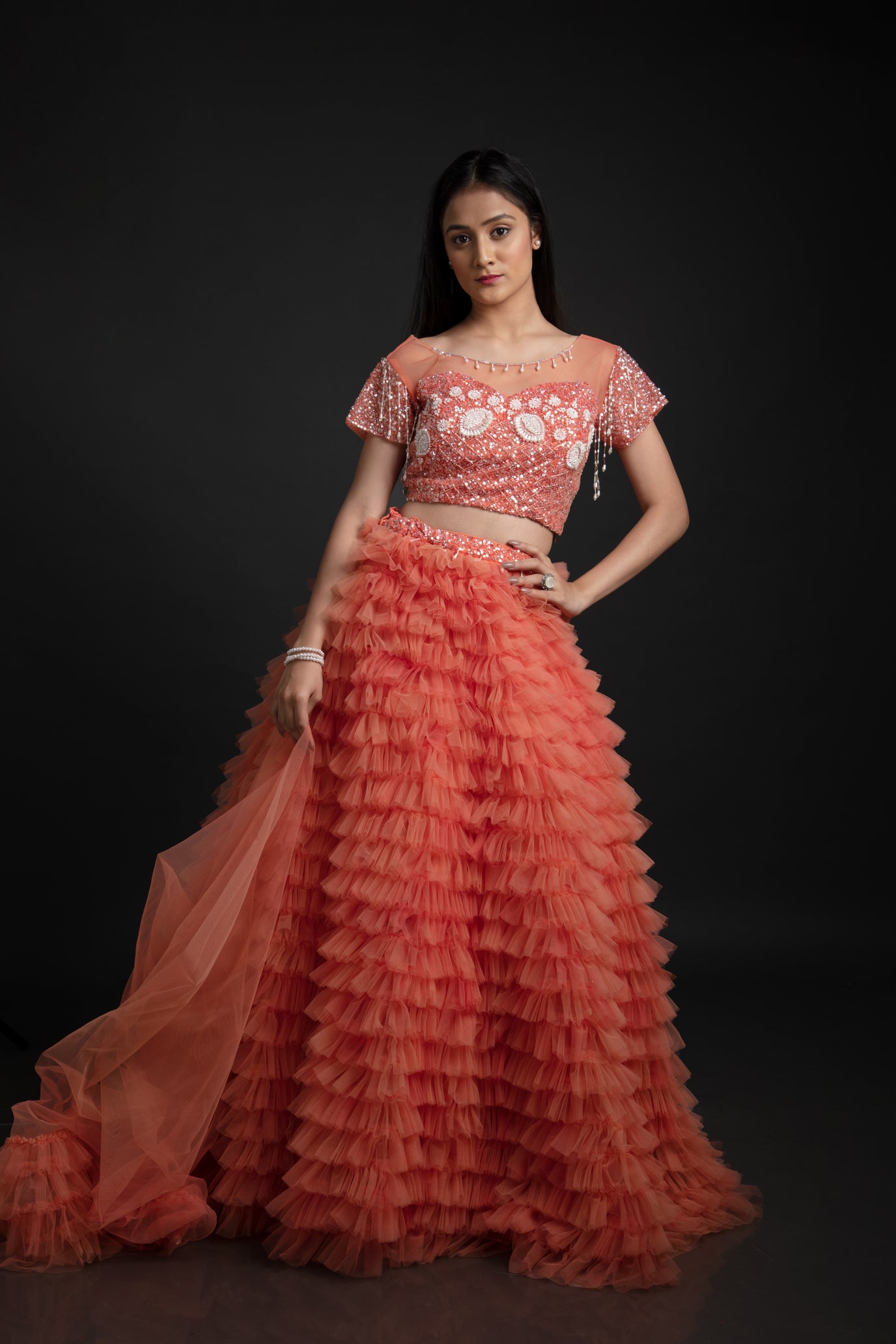 Net Ruffle Bridal Lehenga with Pearl Katdana Jaali Work