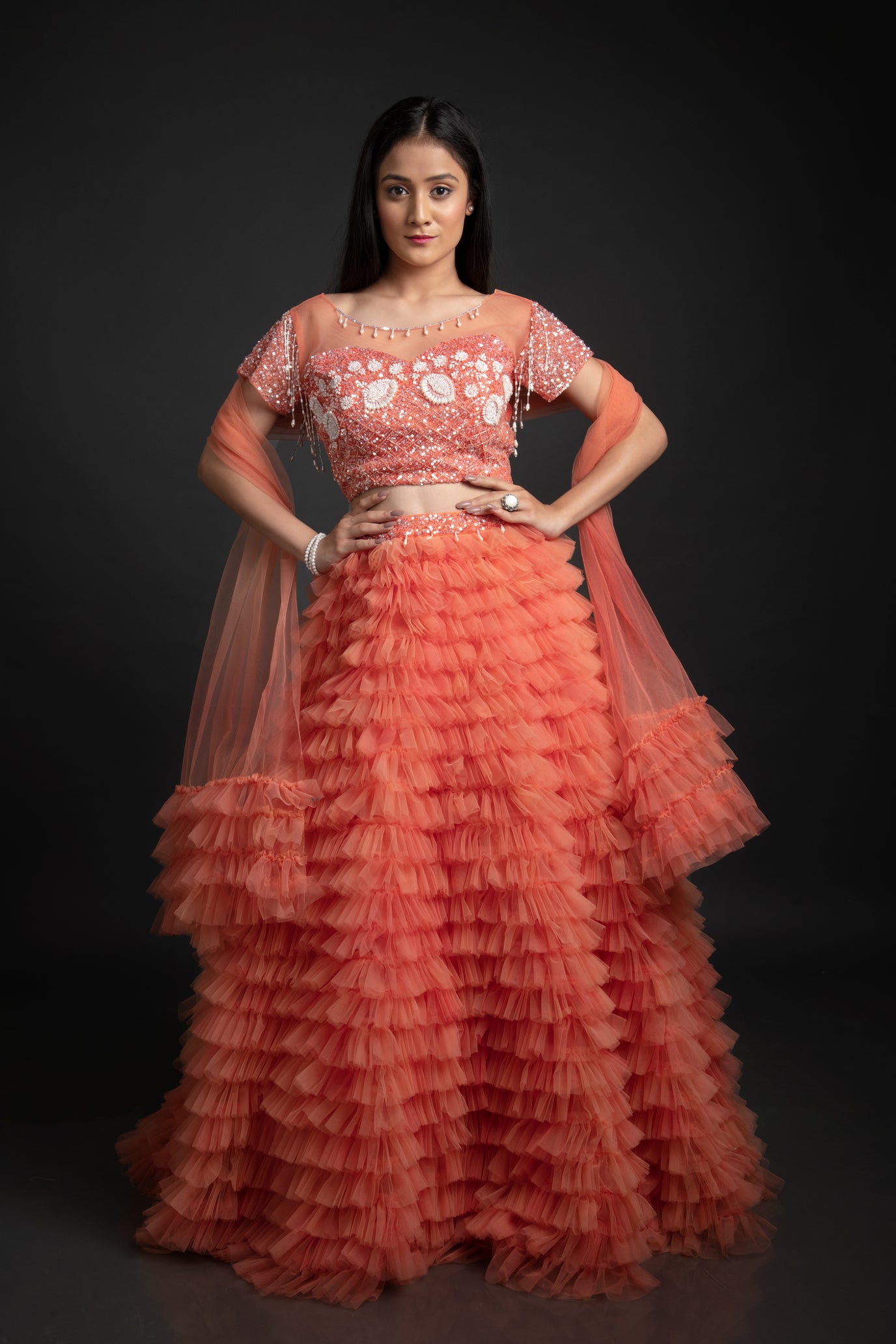 Net Ruffle Bridal Lehenga with Pearl Katdana Jaali Work