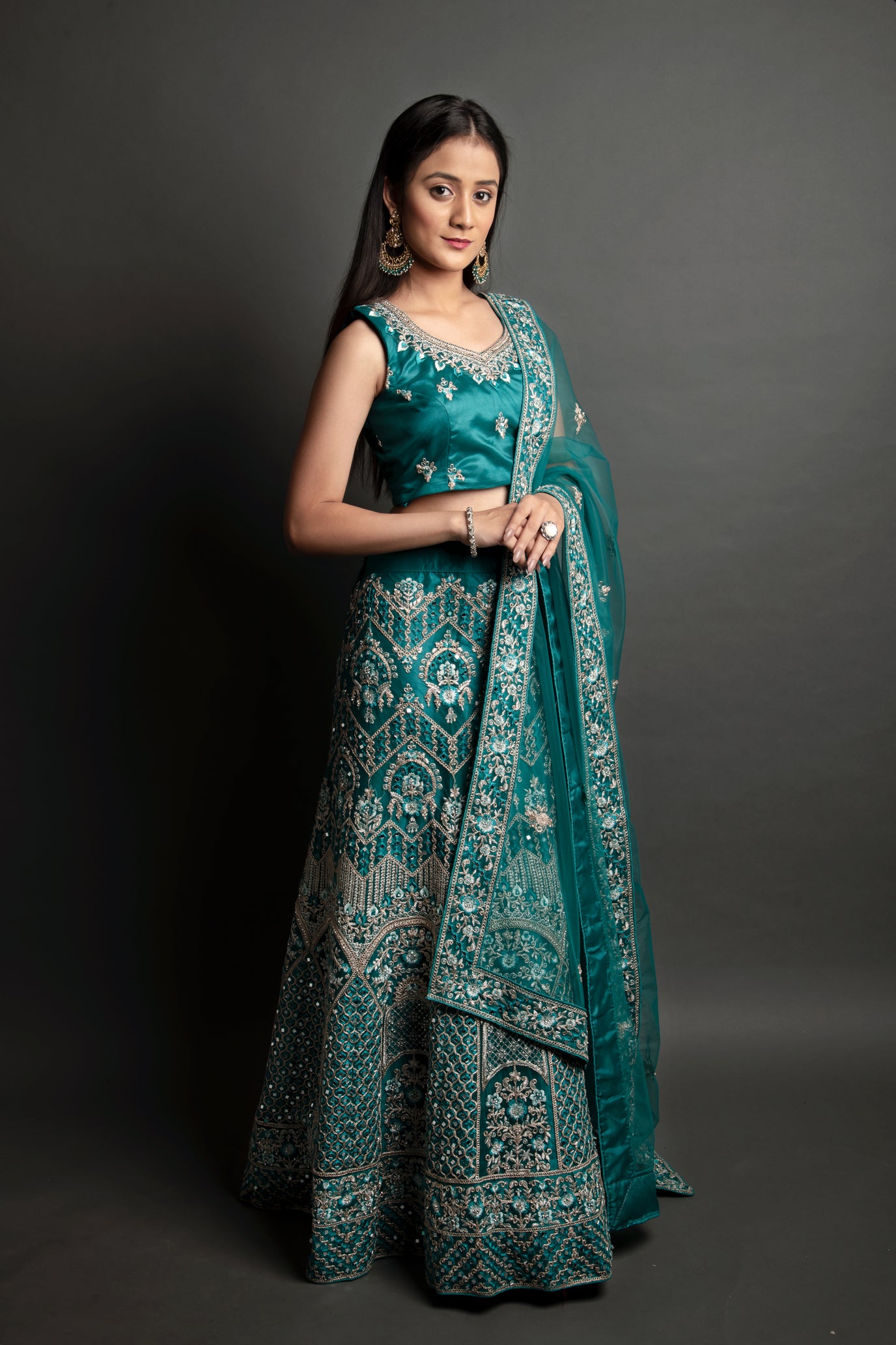 Mirror Work Net Bridal Lehenga with Zari Thread Embroidery