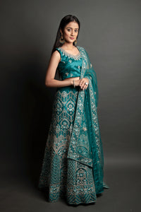 Mirror Work Net Bridal Lehenga with Zari Thread Embroidery