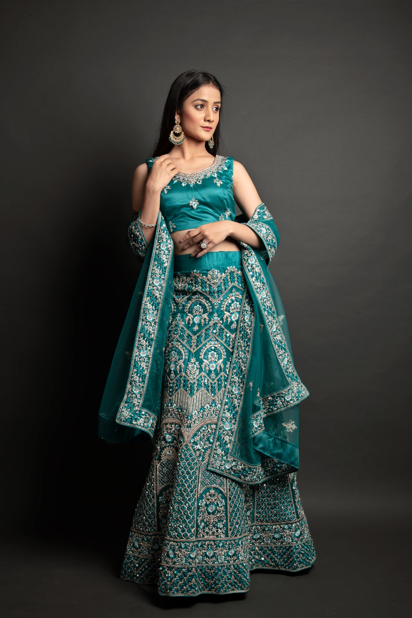 Mirror Work Net Bridal Lehenga with Zari Thread Embroidery