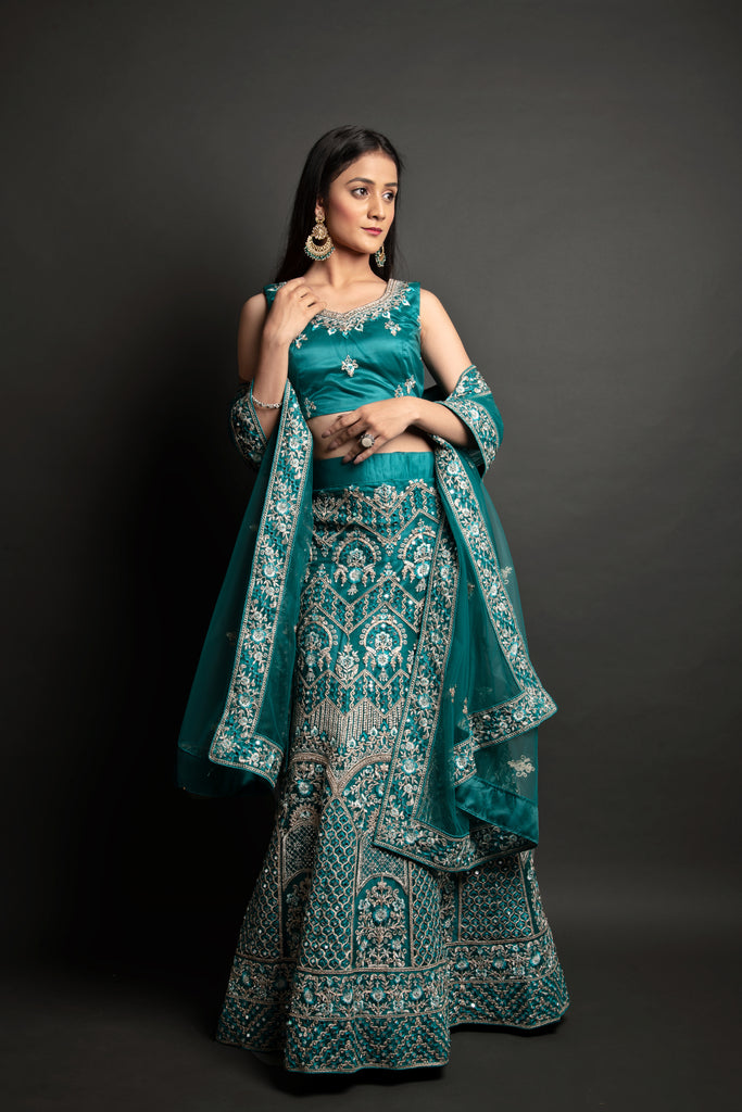 Mirror Work Net Bridal Lehenga with Zari Thread Embroidery