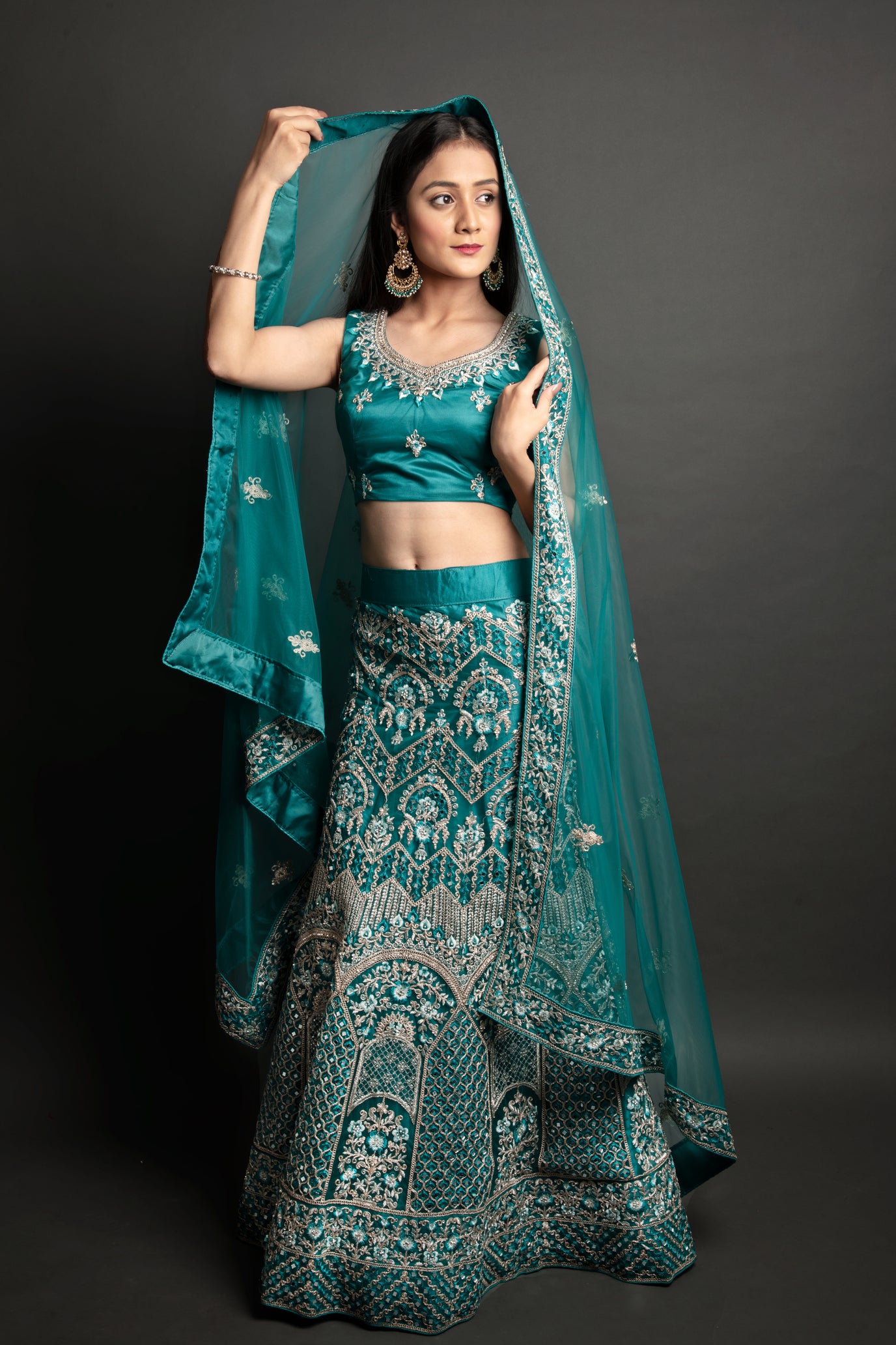 Mirror Work Net Bridal Lehenga with Zari Thread Embroidery